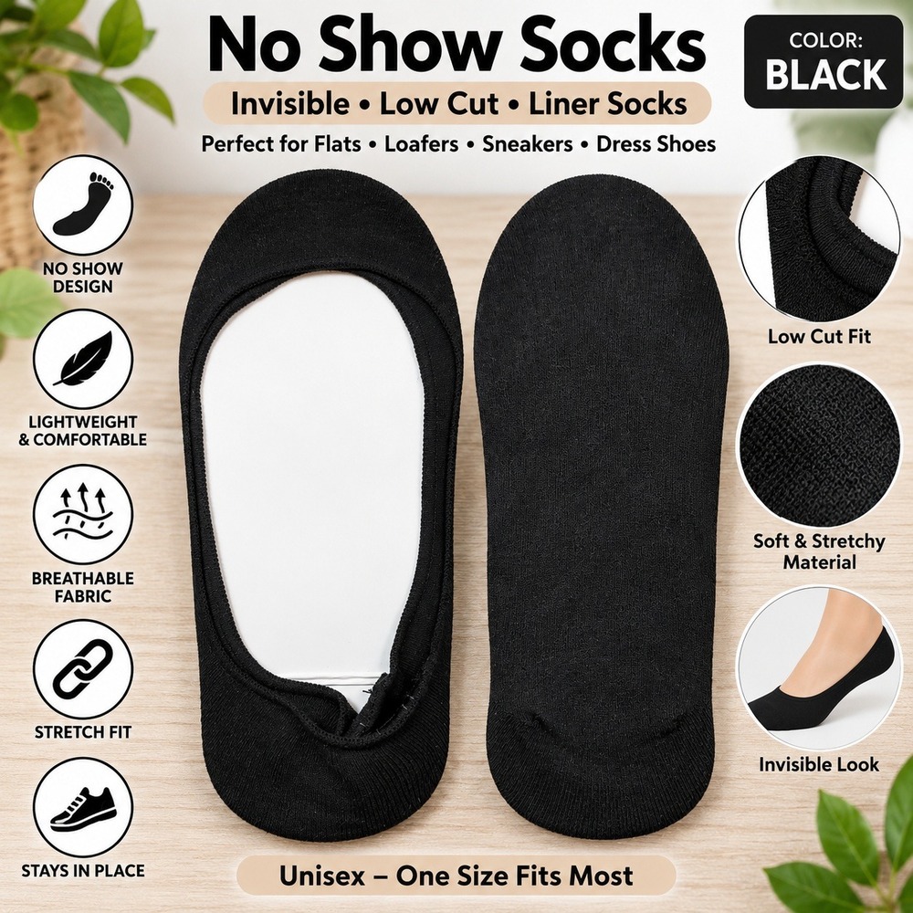 Unisex No Show Liner Socks Black Low Cut Invisible Stretchy Breathable One Size